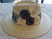 Load image into Gallery viewer, Palm Hand made 5 flowers Hat black and white- Sombrero de Palma con 5 flores en blanco y negro.