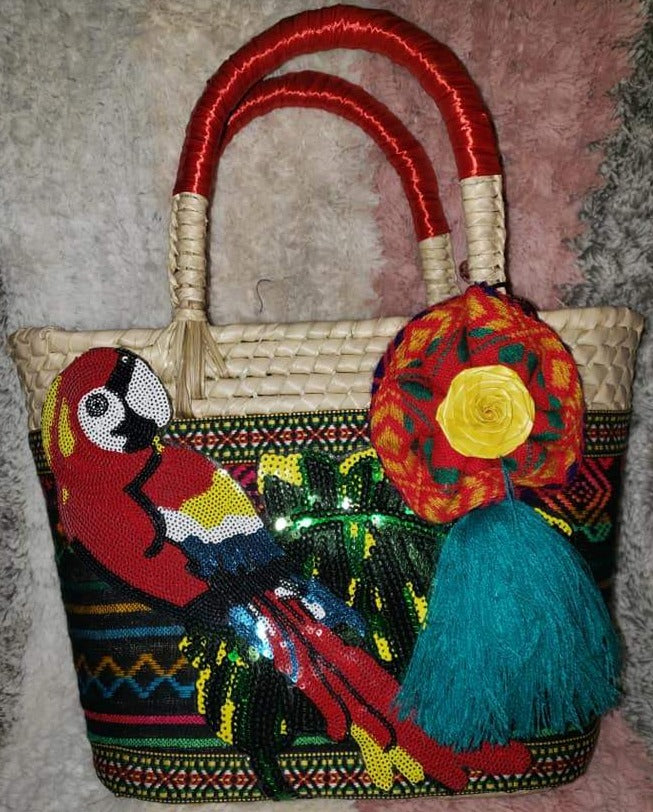 Medium Flowers, Parrot hand bag - Bolso mediano de Flores y Perico