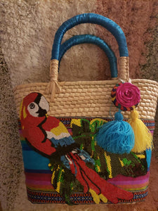 Medium Flowers, Parrot hand bag - Bolso mediano de Flores y Perico