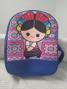 Blue backpack with Maria - Mochila azul con Maria