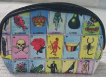 Load image into Gallery viewer, Blue and Loteria game Makeup bag - Bolsa de Maquillaje de Loteria
