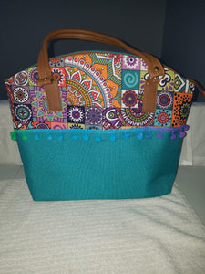 Medium hand bag brown and aqua - Bolso mediano cafe y aqua