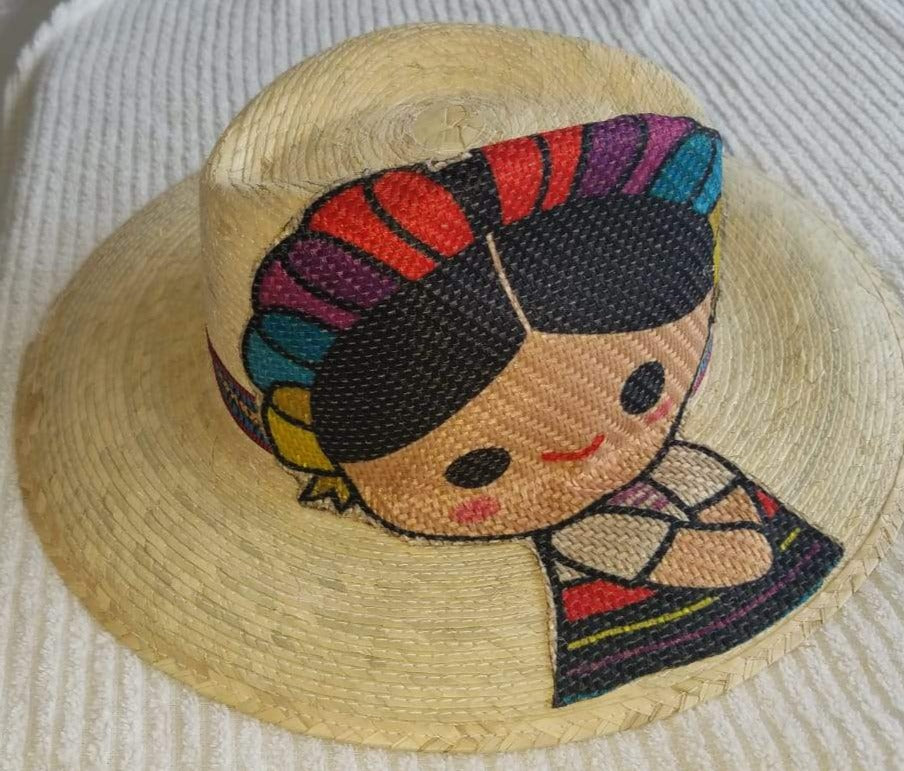 Palm hand made, hand painted Maria Hat- Sombrero de Palma con Maria pintado a mano.