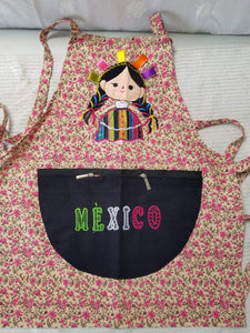 Flowers, doll and "Mexico" design Apron - Mandil de flores, munequita " Mexico"