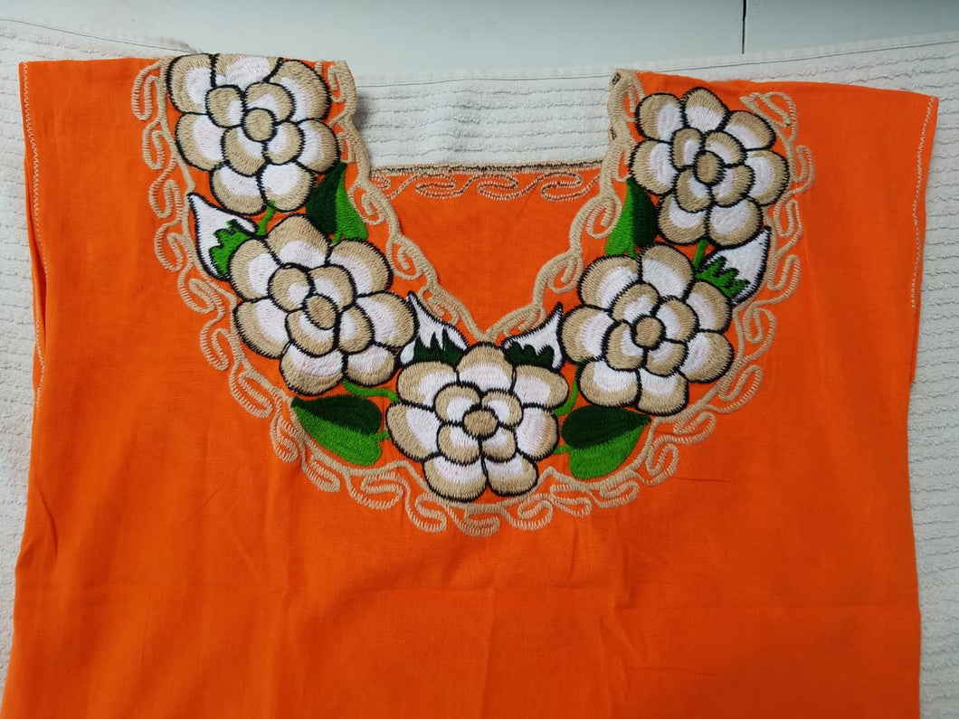 Campesina Style shoulder less orange Blouse U neck big flowers - Blusa Campesina naranja con cuello en U flores grandes