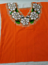 Load image into Gallery viewer, Campesina Style shoulder less orange Blouse U neck big flowers - Blusa Campesina naranja con cuello en U flores grandes
