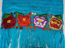 Load image into Gallery viewer, Aqua Cotton shawl with colorful medium Gothic flowers - Rebozo color aqua con flores de colores goticas medianas
