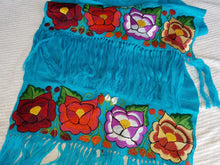 Load image into Gallery viewer, Aqua Cotton shawl with colorful medium Gothic flowers - Rebozo color aqua con flores de colores goticas medianas
