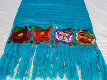 Load image into Gallery viewer, Aqua Cotton shawl with colorful medium Gothic flowers - Rebozo color aqua con flores de colores goticas medianas
