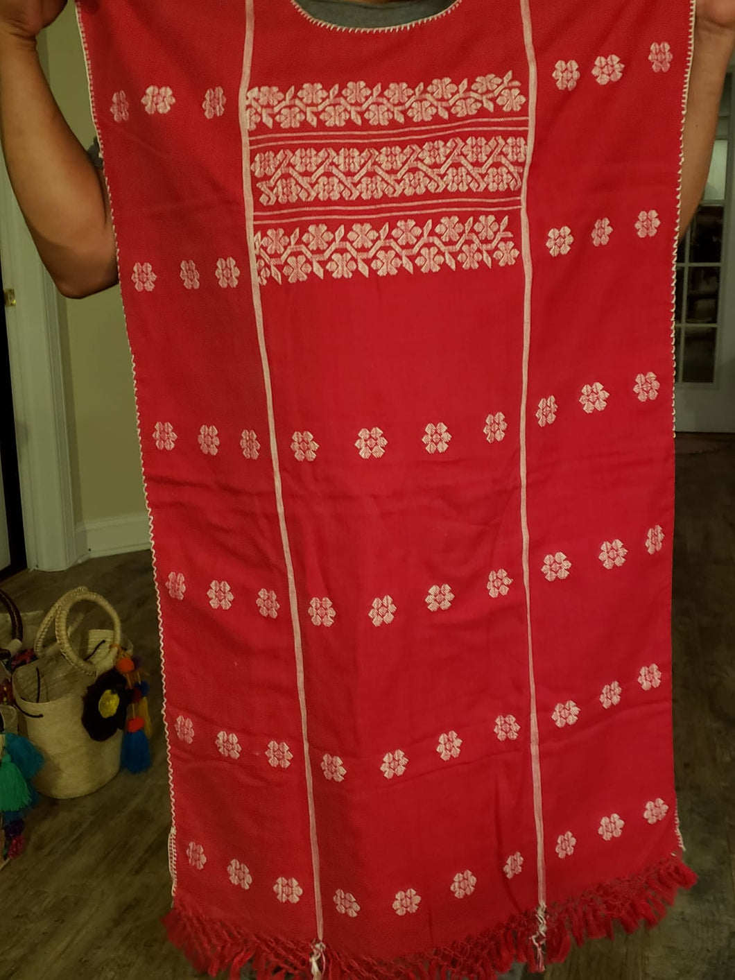 Cotton Red with White flowers dress - Huipil rojo de flores blancas