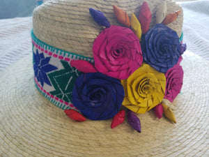 Palm Hand made with 6  color flowers Hat- Sombrero de Palma con 6 flores de colores.