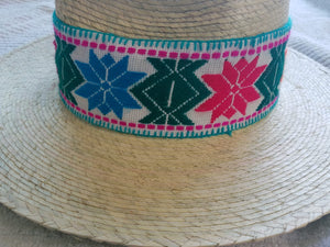 Palm Hand made with 6  color flowers Hat- Sombrero de Palma con 6 flores de colores.