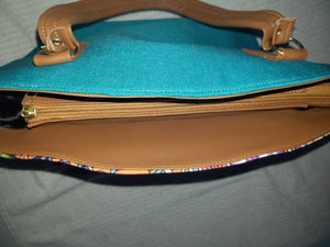 Medium hand bag brown and aqua - Bolso mediano cafe y aqua